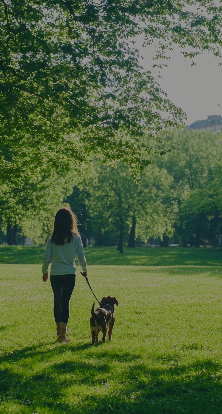 緑の木々が生い茂る、自然豊かな公園を犬を連れて散歩している様子