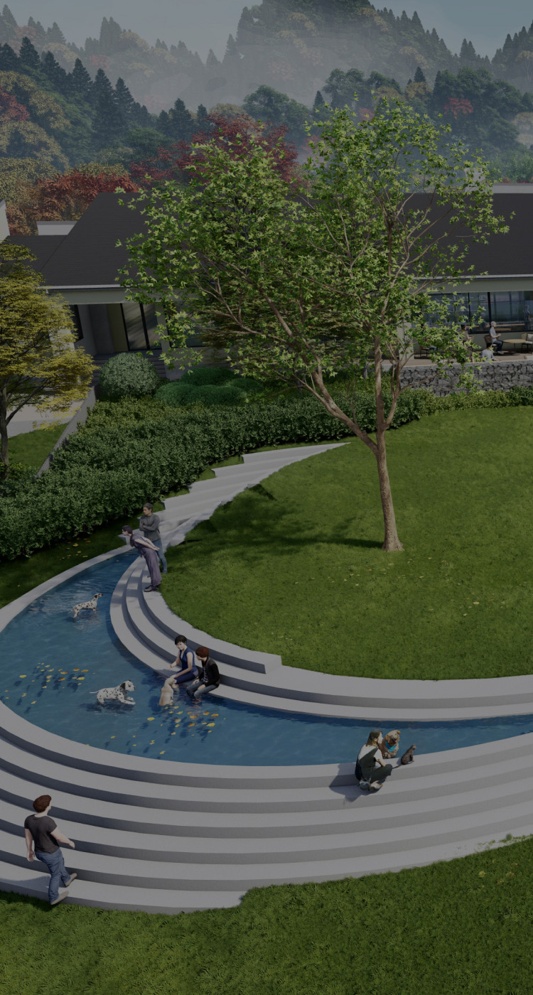 リトナ箱根の外観とホテル手前にある広々とした犬を連れて散歩や水遊びができるお庭