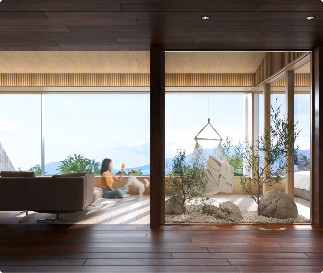 リビングエリアと寝室が一続きになった開放的なデザインの客室